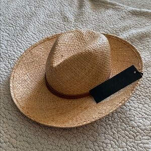 Jenni Kayne Natural Straw Wide-Brim Fedora Hat with Brown Band